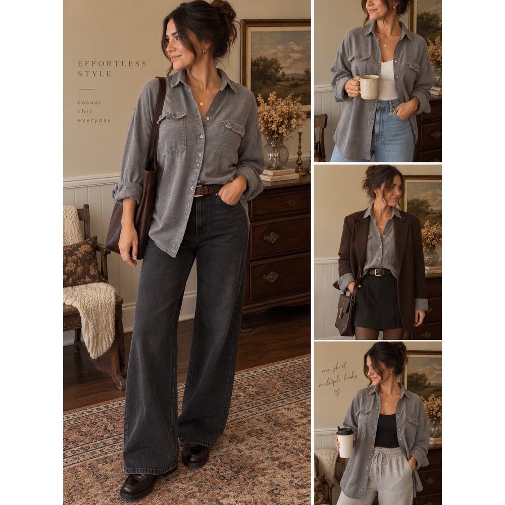 Babaton The Group Grey Cotton Wool Oversized Button-Up Shirt - Picture 2 of 9
